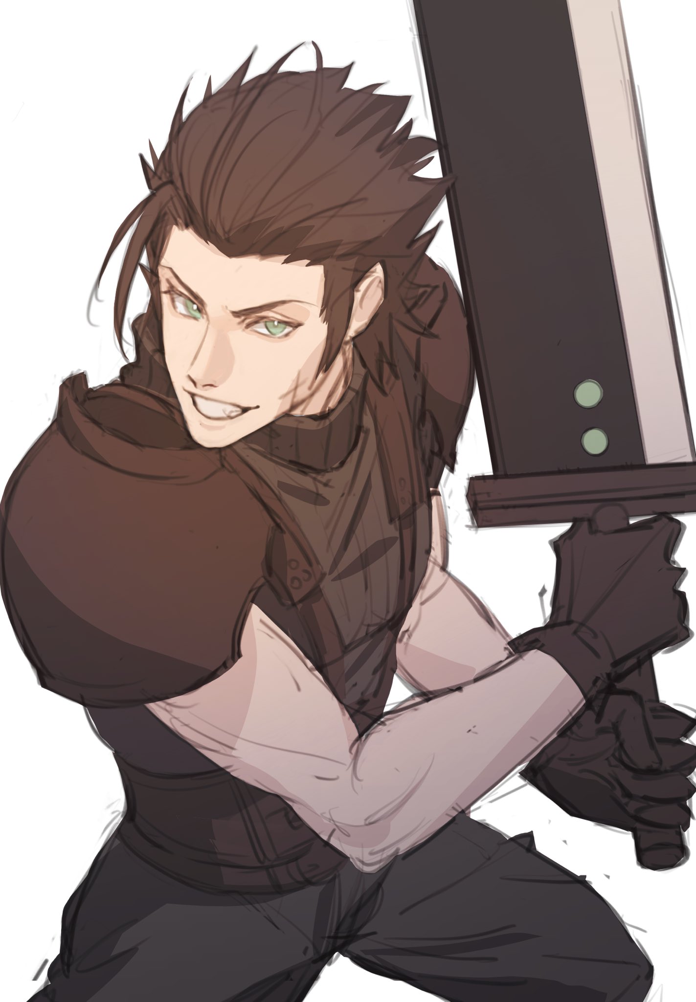 1boy, aqua_eyes, armor, belt, black_gloves, black_hair, black_pants, black_shirt