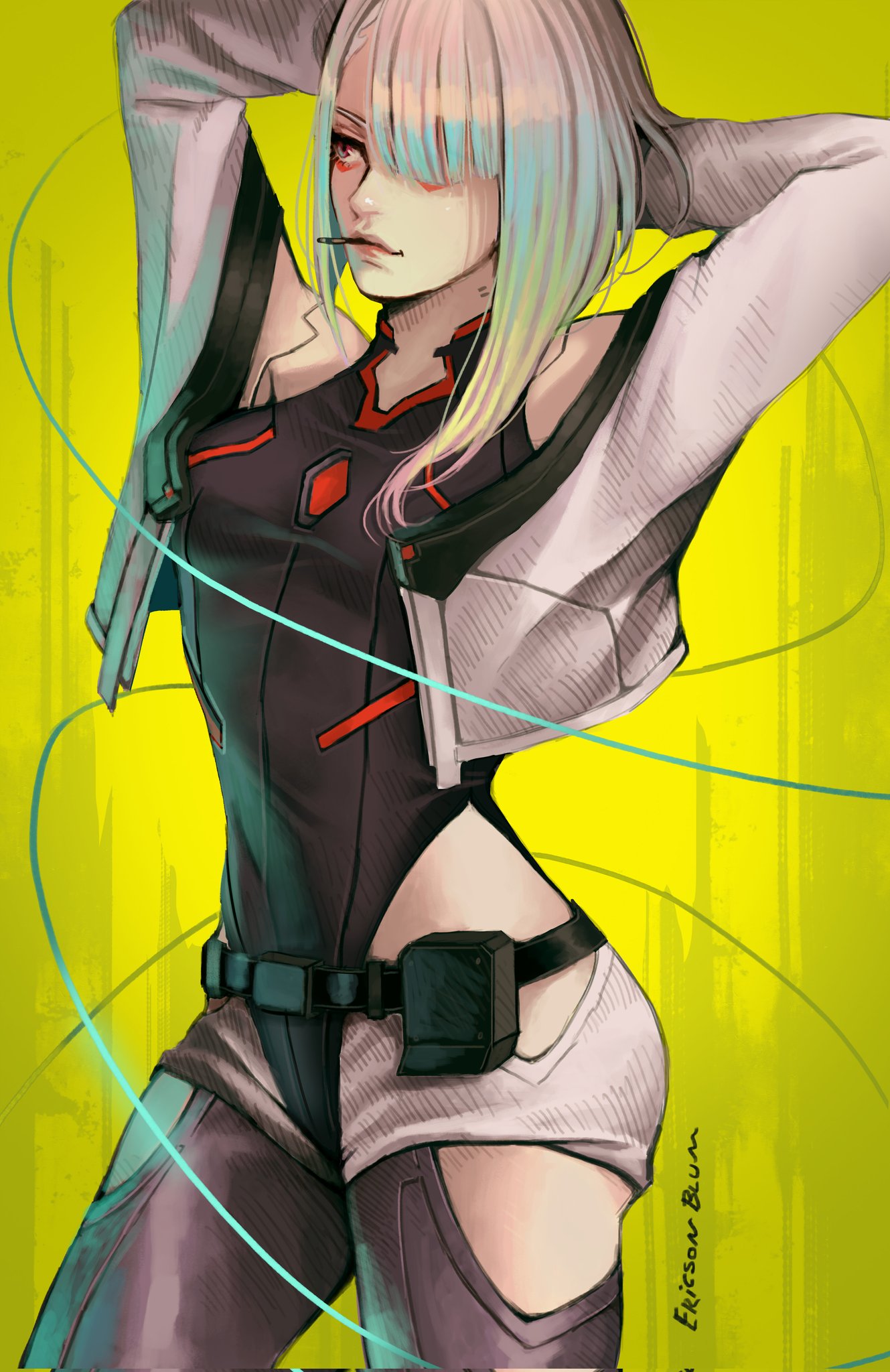 1girl, arms_behind_head, artist_name, black_leotard, blunt_bangs, breasts, closed_mouth, clothing_cutout