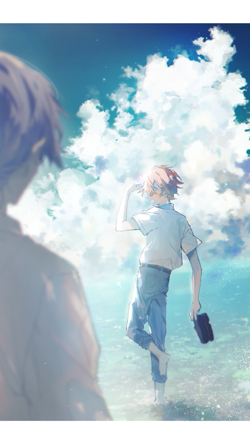 2boys, arm_up, barefoot, belt, black_belt, black_footwear, blue_pants, blue_sky
