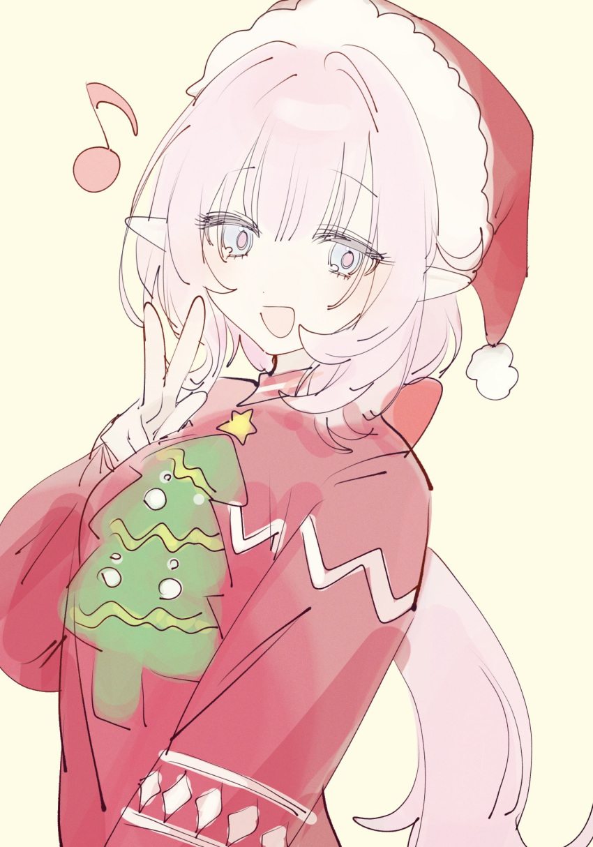 1girl, :d, blue_eyes, brown_background, c_uino, eighth_note, elysia_(honkai_impact), fur-trimmed_headwear