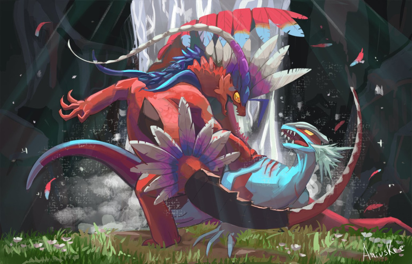 ani_(puniper), animal_focus, artist_name, blue_hair, blue_skin, claws, colored_sclera, colored_skin, commentary, dappled_sunlight, fangs, koraidon, long_hair, multicolored_hair, no_humans, on_grass, open_mouth, orange_eyes, pink_hair, pokemon, pokemon_(creature), red_eyes, red_skin, roaring_moon, sharp_teeth, skin_fangs, sunlight, tail, teeth, twitter_username, water, waterfall, white_hair, yellow_sclera