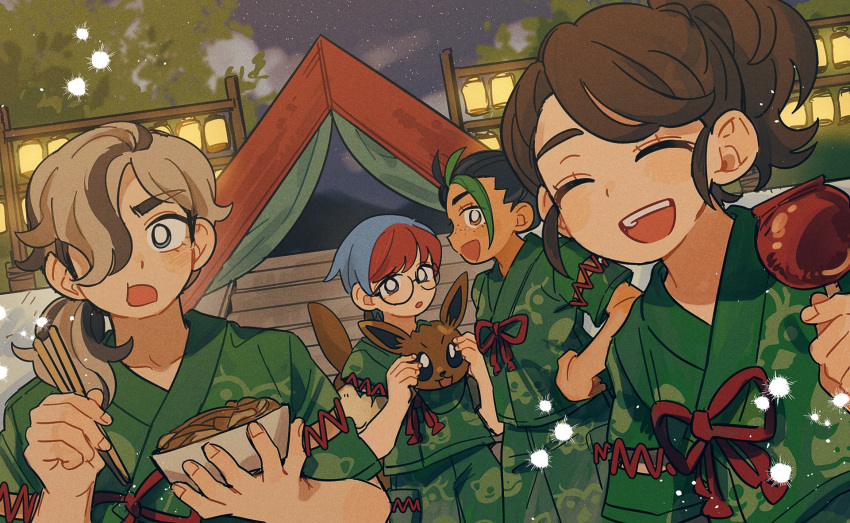 1boy, 2hyu_00, 3girls, arven_(pokemon), black_hair, blue_eyes, blue_hair, bowl, bright_pupils, brown_hair, candy_apple, chopsticks, closed_eyes, commentary_request, eevee, eyelashes, festival_jinbei, food, green_hair, grey_hair, hair_over_one_eye, happy, highres, holding, holding_bowl, holding_chopsticks, japanese_clothes, juliana_(pokemon), kimono, medium_hair, multicolored_hair, multiple_girls, nemona_(pokemon), night, night_sky, noodles, open_mouth, outdoors, penny_(pokemon), pokemon, pokemon_sv, redhead, round_eyewear, short_hair, sky, smile, star_(sky), streaked_hair, teeth, tree, two-tone_hair, upper_teeth_only, yukata