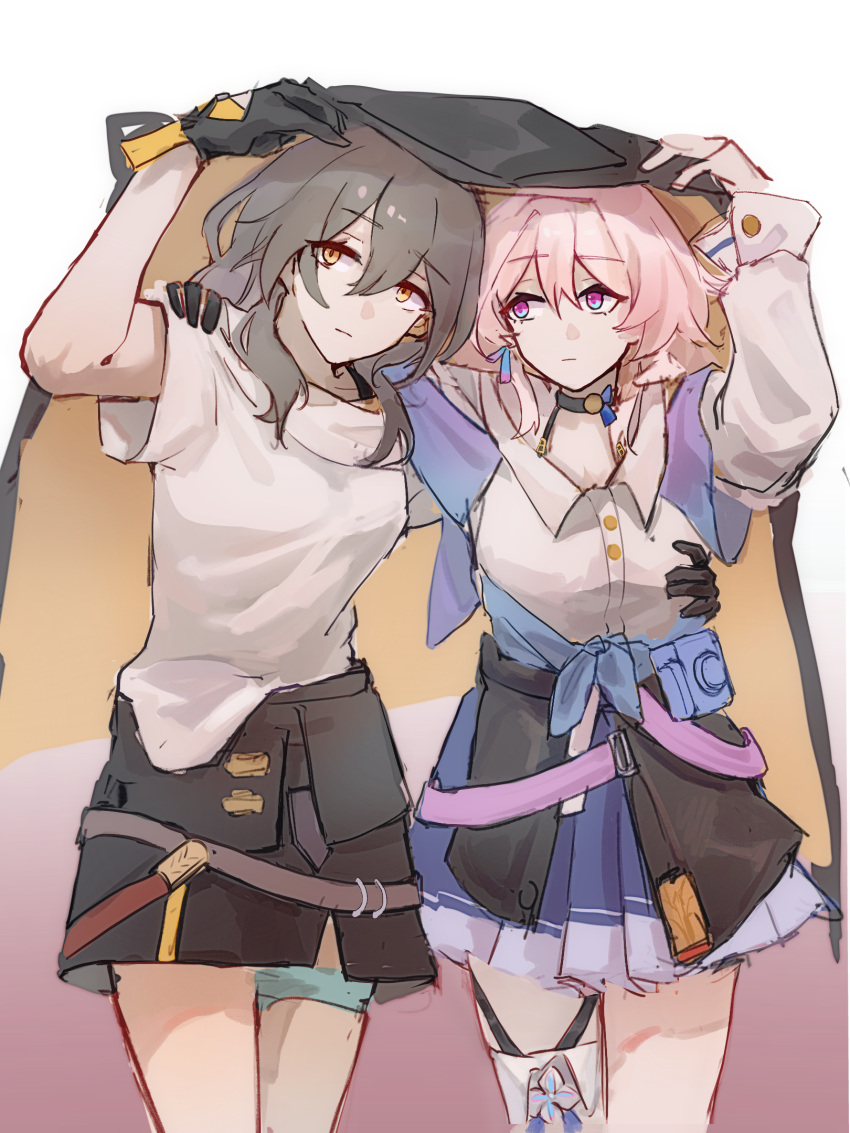2girls, black_choker, black_gloves, black_skirt, blue_eyes, blue_skirt, choker, closed_mouth
