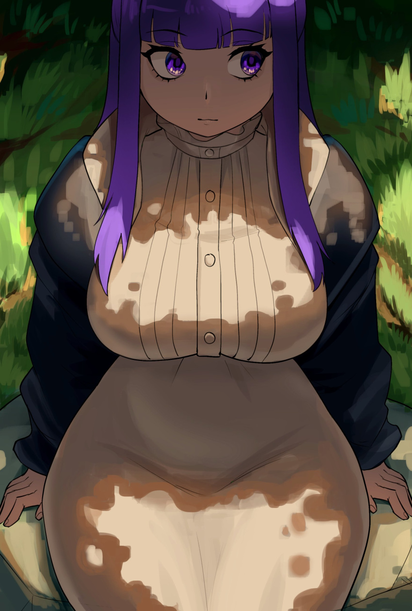 1girl, absurdres, black_robe, breasts, collar, commentary, curvy, cut_bangs, dappled_sunlight, day, dildo_reveal, dress, english_commentary, fern_(sousou_no_frieren), frilled_collar, frills, highres, large_breasts, long_hair, long_sleeves, off_shoulder, purple_hair, rajah_(dajah), robe, sitting, solo, sousou_no_frieren, straight_hair, sunlight, violet_eyes, white_dress