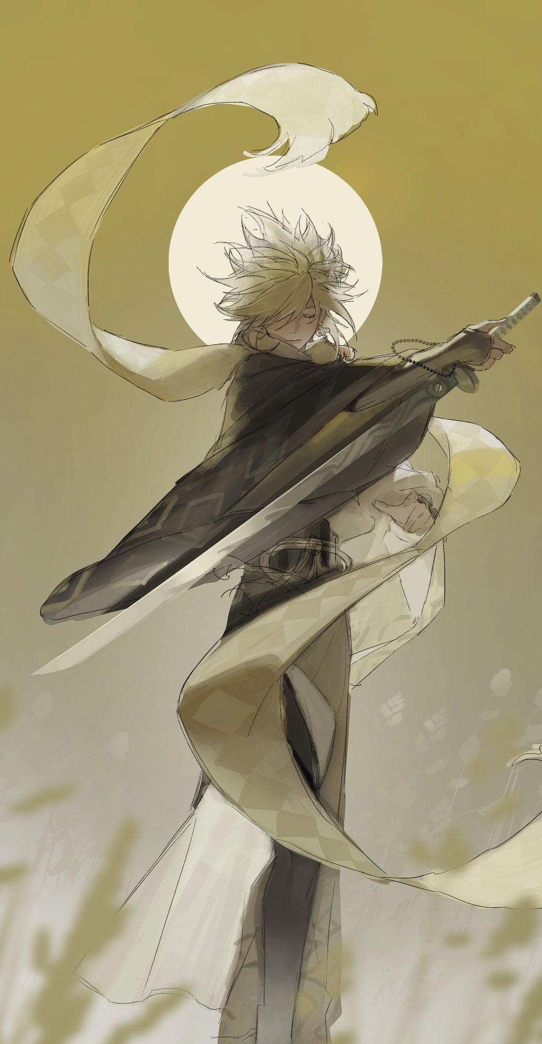 1boy, bead_bracelet, beads, black_pants, blonde_hair, blurry, blurry_foreground, bracelet