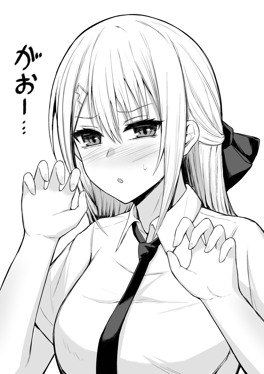 1girl, :o, absurdres, blush, bow, breasts, claw_pose, collared_shirt