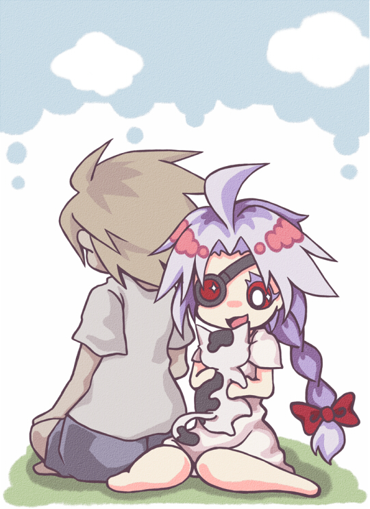 ahoge, bad_id, blazblue, blonde_hair, braid, cat, chako_444, chibi, eyepatch, nu-13, ragna_the_bloodedge, red_eyes, silver_hair, tsujimiya_(chako_444)