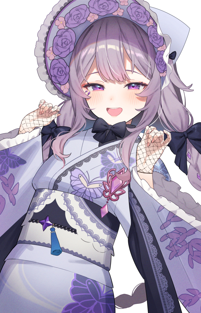 1girl, :d, absurdres, animal_print, aotake_iro, black_bow, bow, braid