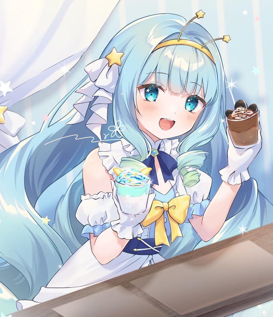 1girl, arm_garter, blue_bow, blue_bowtie, blue_brooch, blue_eyes, blue_hair, bow