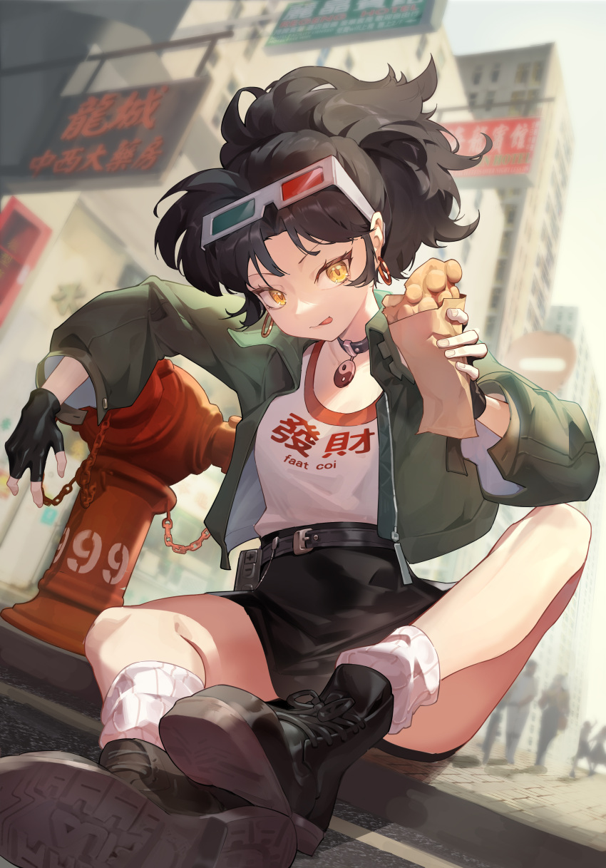 1girl, 3d_glasses, :p, absurdres, an-an_lee, ankle_boots, bag, billboard