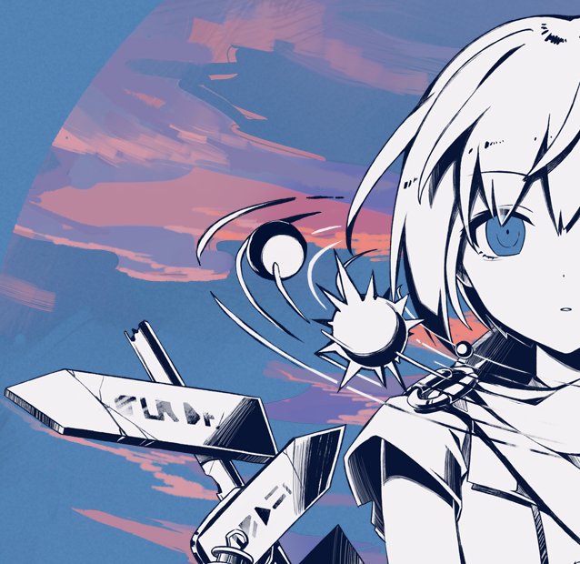 1girl, blue_eyes, blue_sky, clouds, commentary_request, eyelashes, greyscale_with_colored_background, looking_at_viewer
