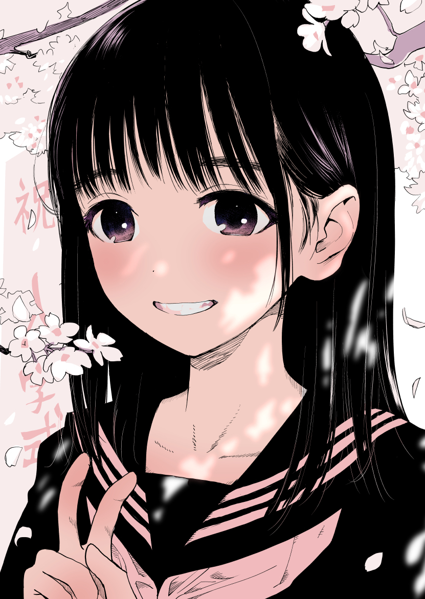 1girl, black_hair, black_serafuku, cherry_blossoms, entrance_ceremony, hanamizawa_q-tarou, long_hair, original