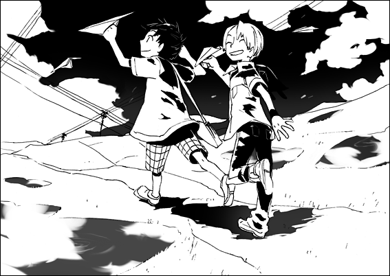 21grams-a, 2boys, ^_^, child, closed_eyes, clouds, collared_shirt, commentary_request