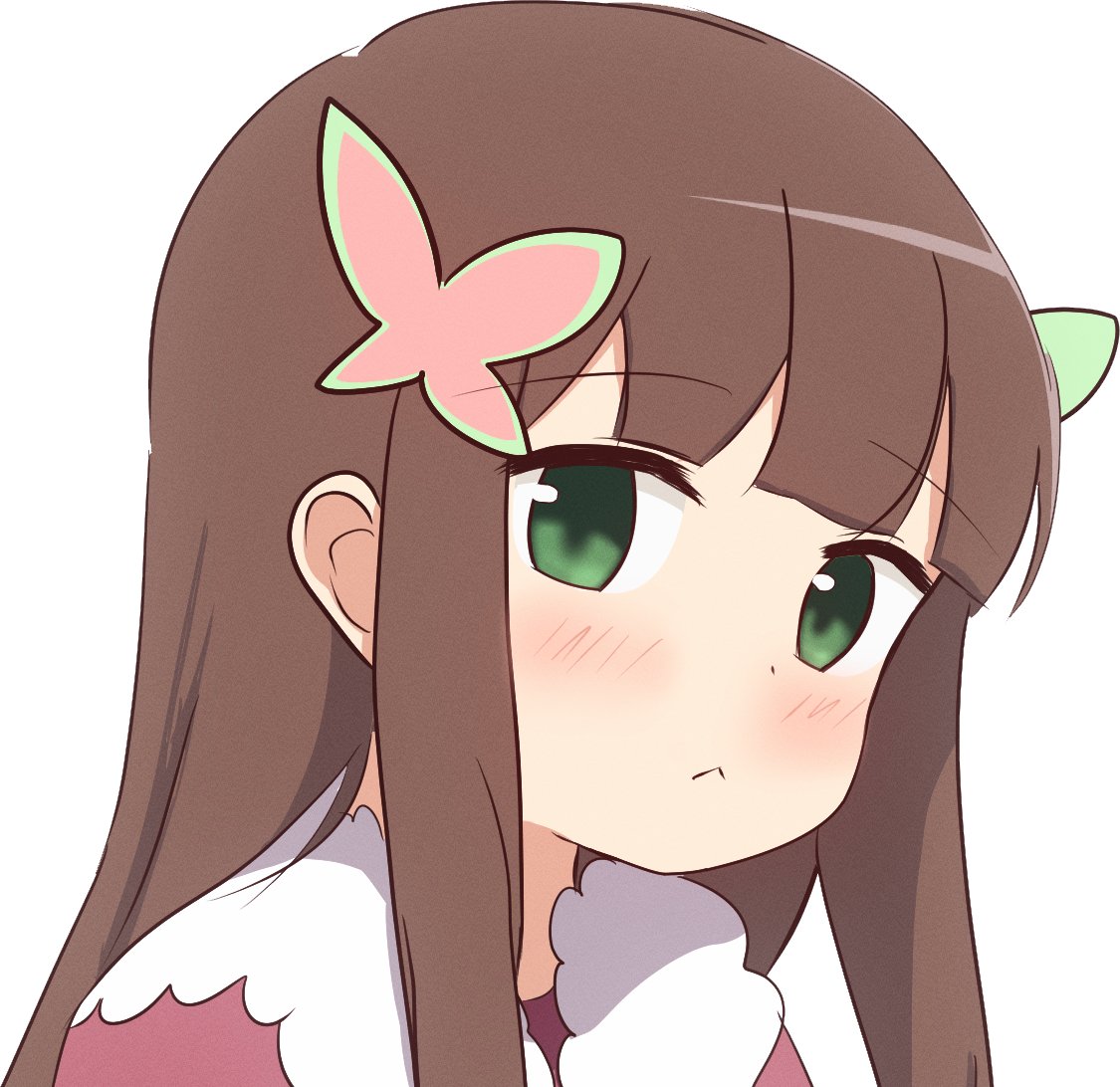 1girl, :<, blunt_bangs, blush, brown_hair, butterfly_hair_ornament, closed_mouth, green_eyes