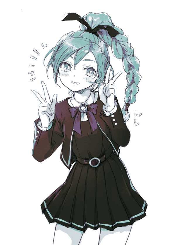 1girl, black_skirt, blue_eyes, blue_hair, braid, braided_ponytail, double_v, dragon_quest