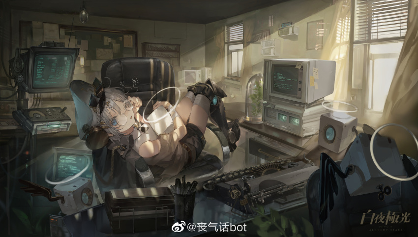 1girl, absurdres, adjusting_eyewear, alchemy_stars, armchair, azure_(alchemy_stars), bandaged_arm, bandaged_leg