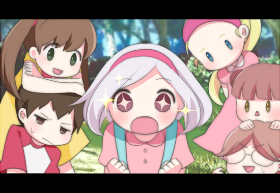 2boys, 4girls, alle_(mother_3), angie_(mother_3), bad_source, blonde_hair, brown_hair, child, double_bun, dress, forest, fuel_(mother_3), glasses, hair_bun, hairband, mother_(game), mother_3, multiple_boys, multiple_girls, nana_(mother_3), nature, nichol_(mother_3), open_mouth, overalls, pink_dress, pink_hairband, pink_shirt, ponytail, richie_(mother_3), shirt, short_hair, sparkling_eyes, surprised, twintails, white_hair, yellow_dress