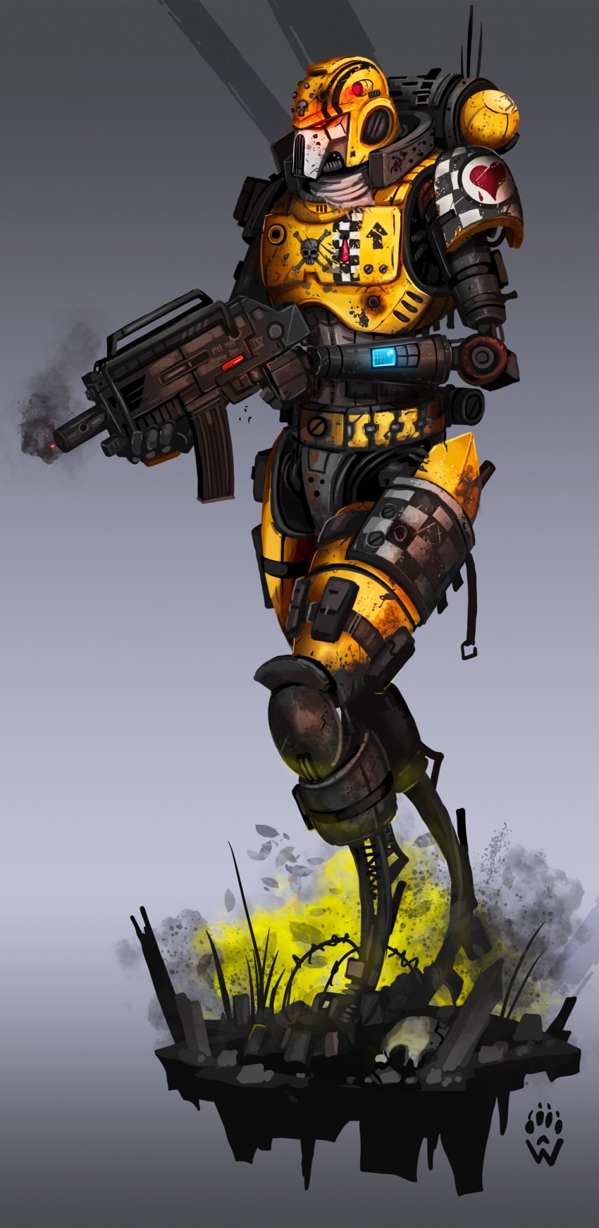 absurdres, adeptus_astartes, armor, arrow_(symbol), barbed_wire, battle_damage, belt, blood_drop, blue_light, bolter, checkered_print, debris, english_commentary, glowing, glowing_eyes, gradient_background, grey_background, gun, heart, heart_print, highres, holding, holding_gun, holding_weapon, joints, lamenters_(40k), leg_belt, mechanical_arms, mechanical_legs, pauldrons, pilot_(titanfall_2), red_eyes, red_light, robot, robot_joints, rubble, running_blades, scarf, scratched_paint, screw, shoulder_armor, simulacrum_(titanfall), single_pauldron, skull_and_crossbones, skull_print, smoke, submachine_gun, tally, tally_counter, thigh_belt, thigh_pouch, thigh_strap, titanfall_(series), torn_clothes, torn_scarf, warhammer_40k, weapon, wolfdawg_art, yellow_armor