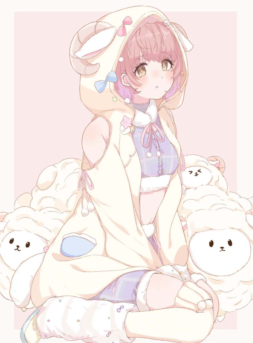 1girl, animal_ears, animal_hood, armpit_crease, between_legs, blue_bow, border, bow