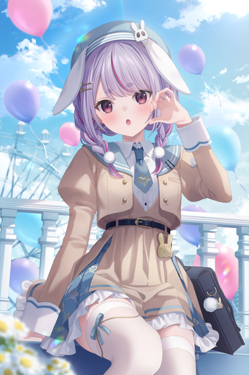 1girl, absurdres, animal_ears, bag, balloon, beret, blue_sky, blush, braid, clouds, dress, flower, frilled_dress, frills, hair_ornament, hat, highres, jacket, jimmy_madomagi, long_sleeves, looking_at_viewer, multicolored_hair, necktie, official_alternate_costume, official_art, open_mouth, outdoors, pleated_dress, puffy_long_sleeves, puffy_sleeves, purple_hair, ribbon, sidelocks, sitting, sky, sleeves_past_wrists, solo, streaked_hair, thigh-highs, tosaki_mimi, tosaki_mimi_(5th_costume), twin_braids, two-tone_hair, violet_eyes, virtual_youtuber, vspo!, zettai_ryouiki