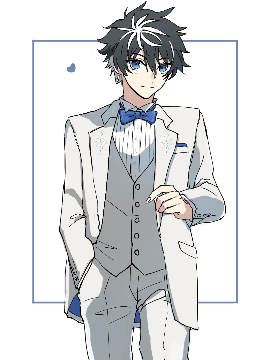 1boy, black_hair, blue_bow, blue_bowtie, blue_eyes, bow, bowtie, charlemagne_(fate)