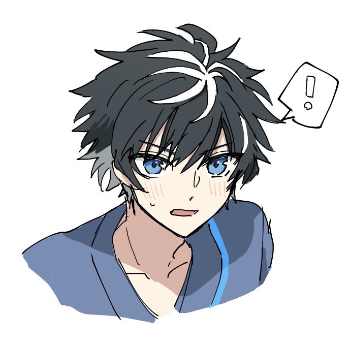 !, 1boy, black_hair, blue_eyes, blue_kimono, blush, charlemagne_(fate), commentary_request