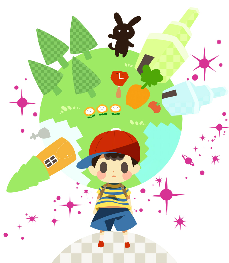 1boy, arms_at_sides, baseball_cap, black_eyes, black_hair, blue_shorts, blush_stickers, carrot, chibi, flower, full_body, hat, hitofutarai, looking_at_viewer, magicant, male_focus, mother_(game), mother_2, ness_(mother_2), on_mini_planet, planet, rabbit, red_footwear, red_headwear, shirt, shorts, sideways_hat, solid_oval_eyes, standing, striped, striped_shirt, tomato, tombstone, tree, waving, white_background