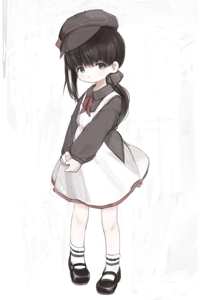 1girl, absurdres, black_eyes, black_footwear, black_hair, black_headwear, black_shirt, child
