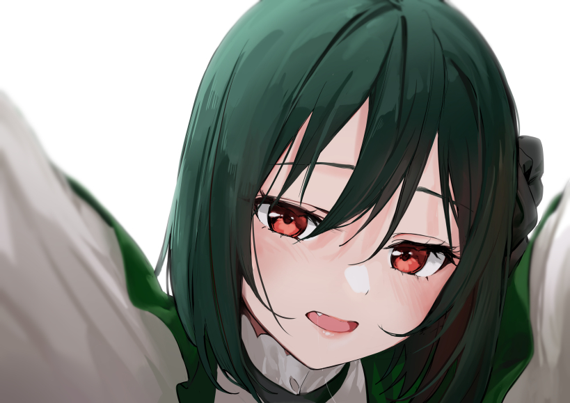 1girl, black_ribbon, dress, fang, green_dress, green_hair, hair_between_eyes, hair_ribbon