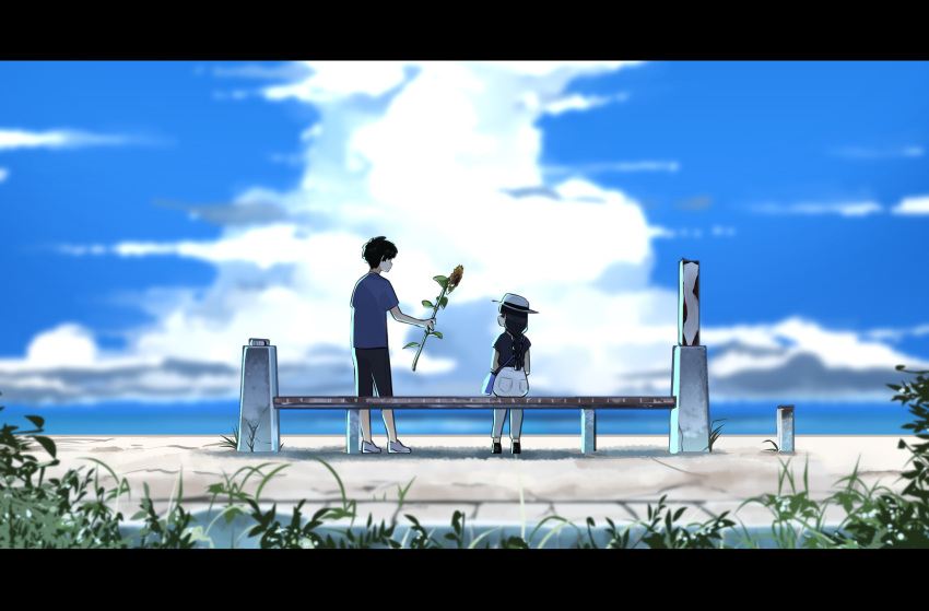 1boy, 1girl, absurdres, arms_at_sides, bag, bench, black_hair, black_shirt