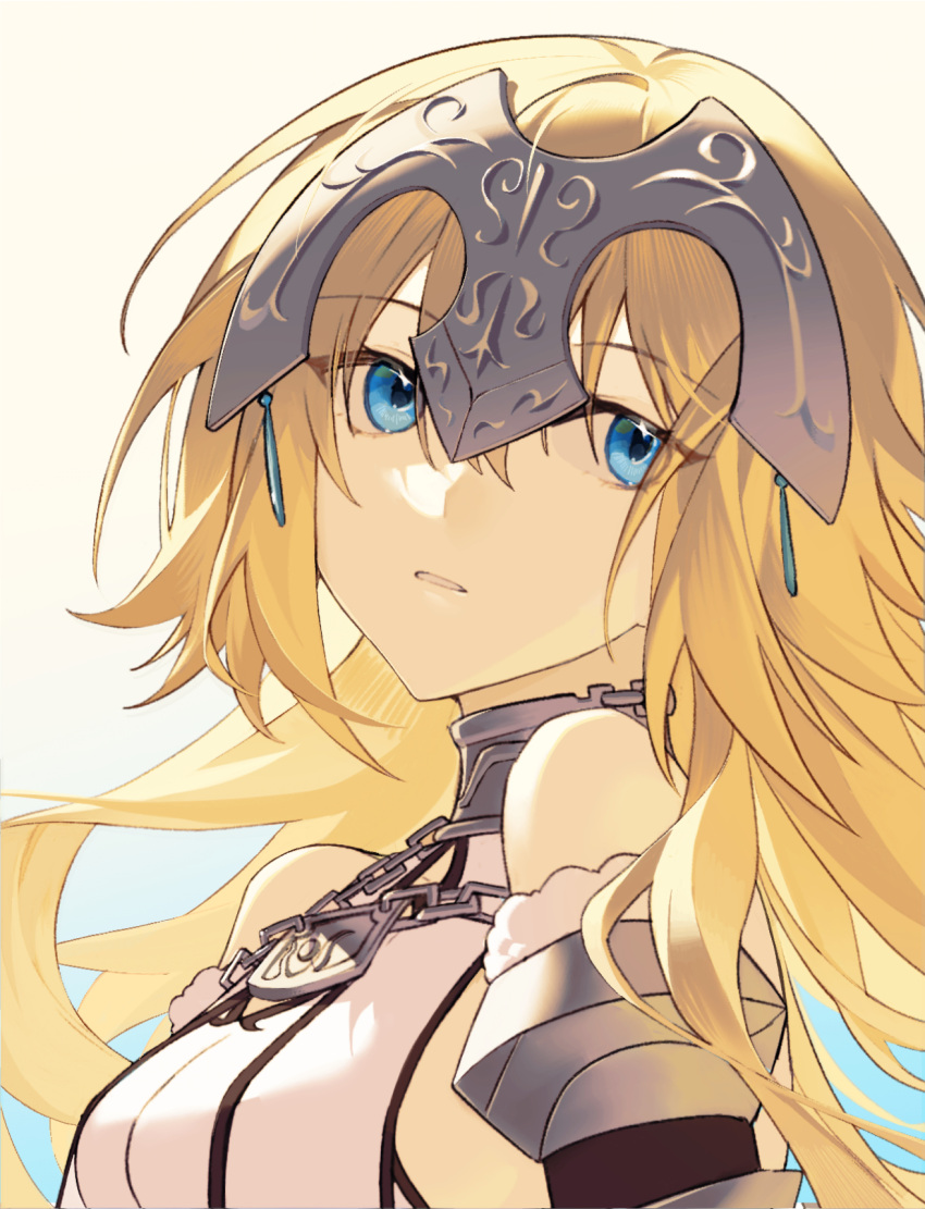 1girl, armor, blonde_hair, blue_eyes, chain, collar, detached_sleeves, dress
