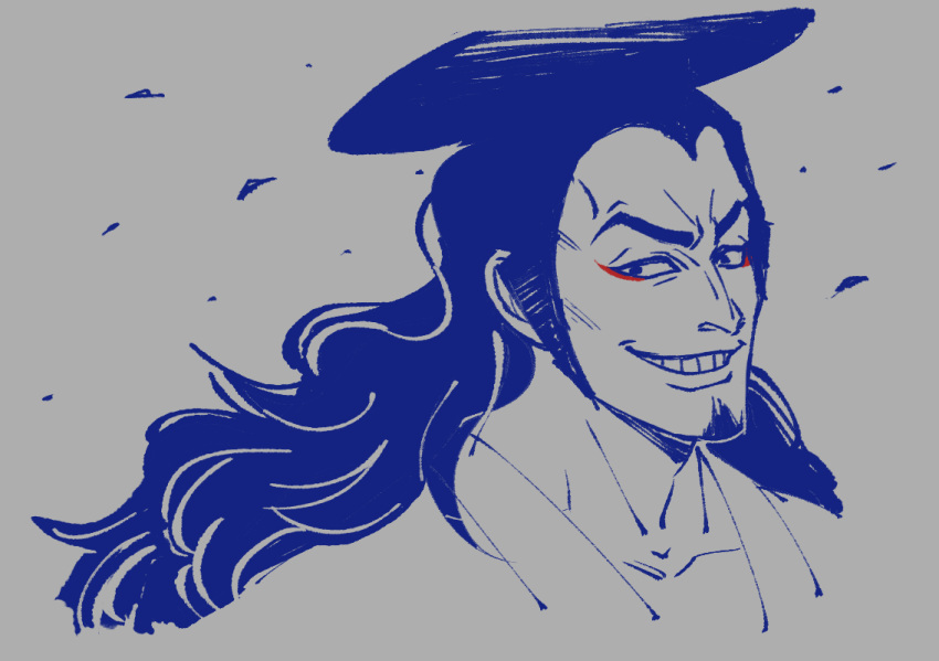 1boy, black_hair, eyeliner, facial_hair, food, fourtwonine429, goatee, grin