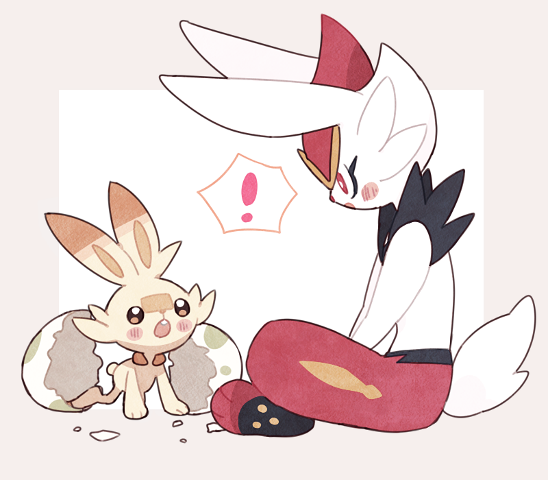 !, alternate_color, animal_focus, blush_stickers, broken_egg, buck_teeth, cinderace, egg, grey_background, hands_on_lap, hatching, kneeling, legs_crossed, looking_down, looking_up, mgomurainu, no_humans, orange_eyes, pokemon, pokemon_(creature), rabbit, red_eyes, scorbunny, shiny_pokemon, simple_background, sitting, surprised, teeth