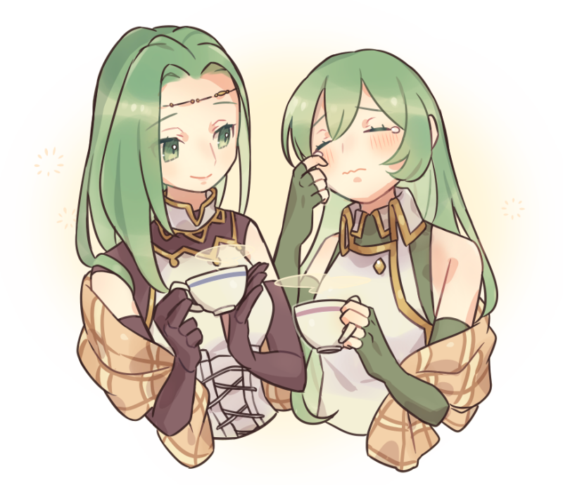 2girls, annand_(fire_emblem), bare_shoulders, brown_gloves, circlet, closed_mouth, commentary_request, cup