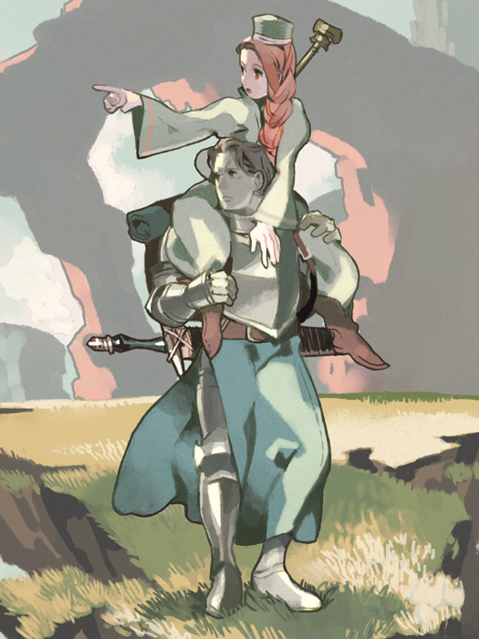 backpack, bag, braid, brown_hair, carrying, debordes_obderhode, hat, orias_obderhode, red_hair, redhead, sarmat, shoulder_carry, siblings, sword, tactics_ogre, weapon