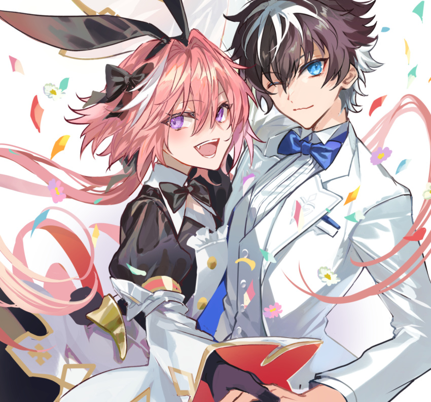 2boys, astolfo_(fate), astolfo_(saber)_(fate), black_bow, black_dress, blue_bow, blue_eyes, bow