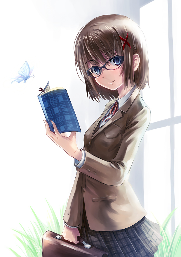 bag, bespectacled, blue_eyes, book, brown_hair, butterfly, female, glasses