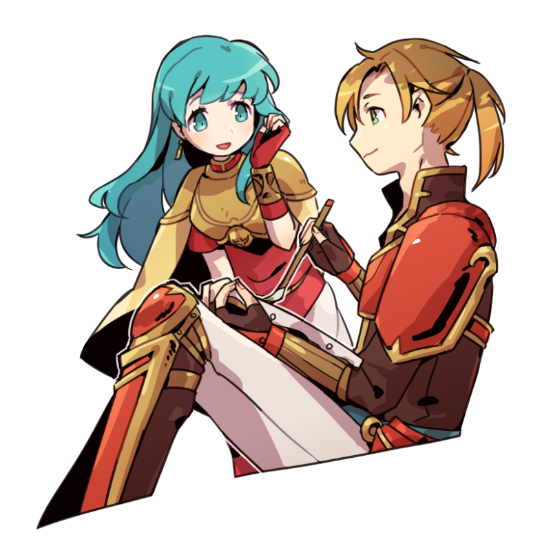 1boy, 1girl, armor, blue_eyes, blue_hair, breastplate, brown_hair, closed_mouth, commentary_request, drawing, earrings, eirika_(fire_emblem), fire_emblem, fire_emblem:_the_sacred_stones, forde_(fire_emblem), green_eyes, haconeri, holding, holding_paintbrush, jewelry, light_smile, long_hair, open_mouth, paintbrush, short_hair, shoulder_armor, simple_background, sitting, smile, tassel, tassel_earrings, white_background