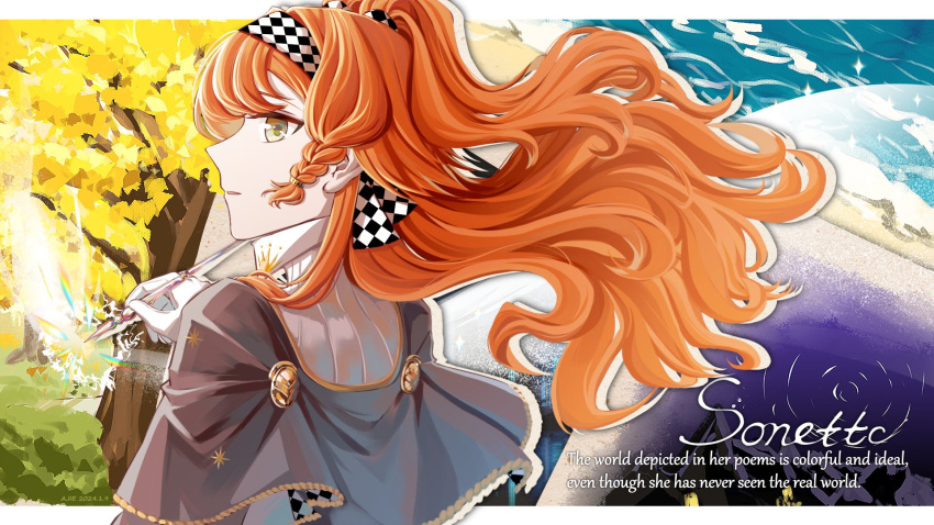 1girl, ajie_(changemyself), braided_sidelock, character_name, checkered_hairband, english_text, floating_hair, from_behind