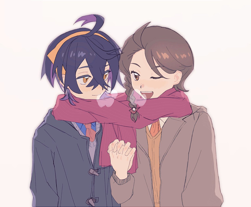 1boy, 1girl, ;d, ahoge, alternate_costume, black_hair, braid, breath