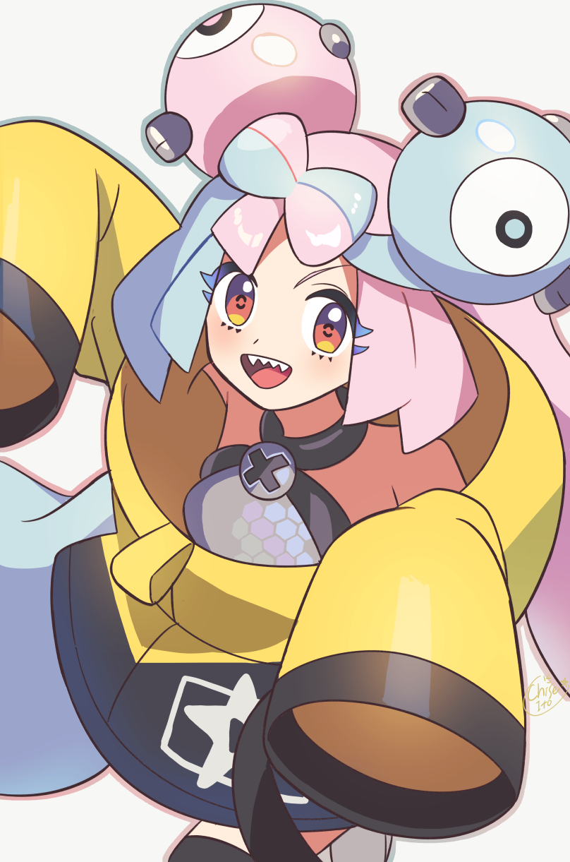 1girl, :d, bow-shaped_hair, character_hair_ornament, commentary_request, eyelashes, green_hair, grey_shirt, hair_ornament, happy, highres, iono_(pokemon), jacket, long_hair, looking_at_viewer, multicolored_hair, open_mouth, orange_(orangelv20), pink_hair, pokemon, pokemon_sv, shirt, sleeveless, sleeveless_shirt, sleeves_past_fingers, sleeves_past_wrists, smile, solo, teeth, tongue, twintails, two-tone_hair, upper_teeth_only, yellow_jacket