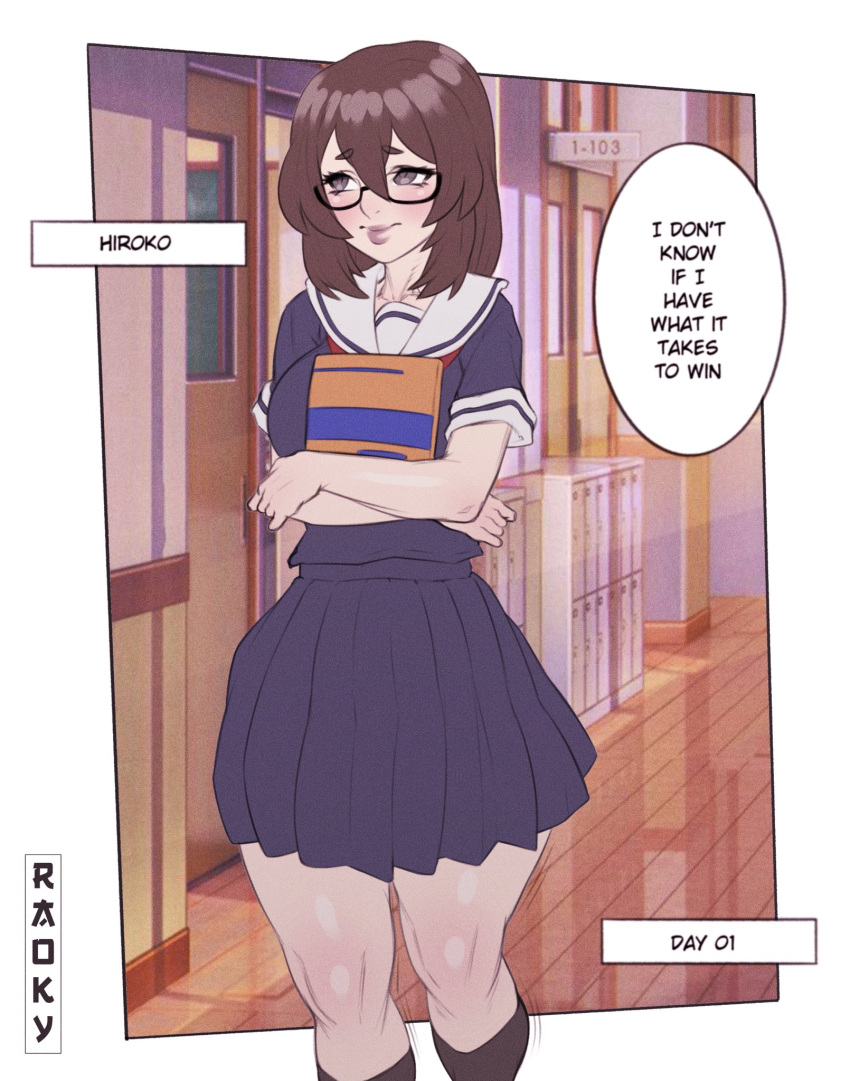 2022, breasts, brown_hair, english_text, glasses, highres, implied_futanari, knees