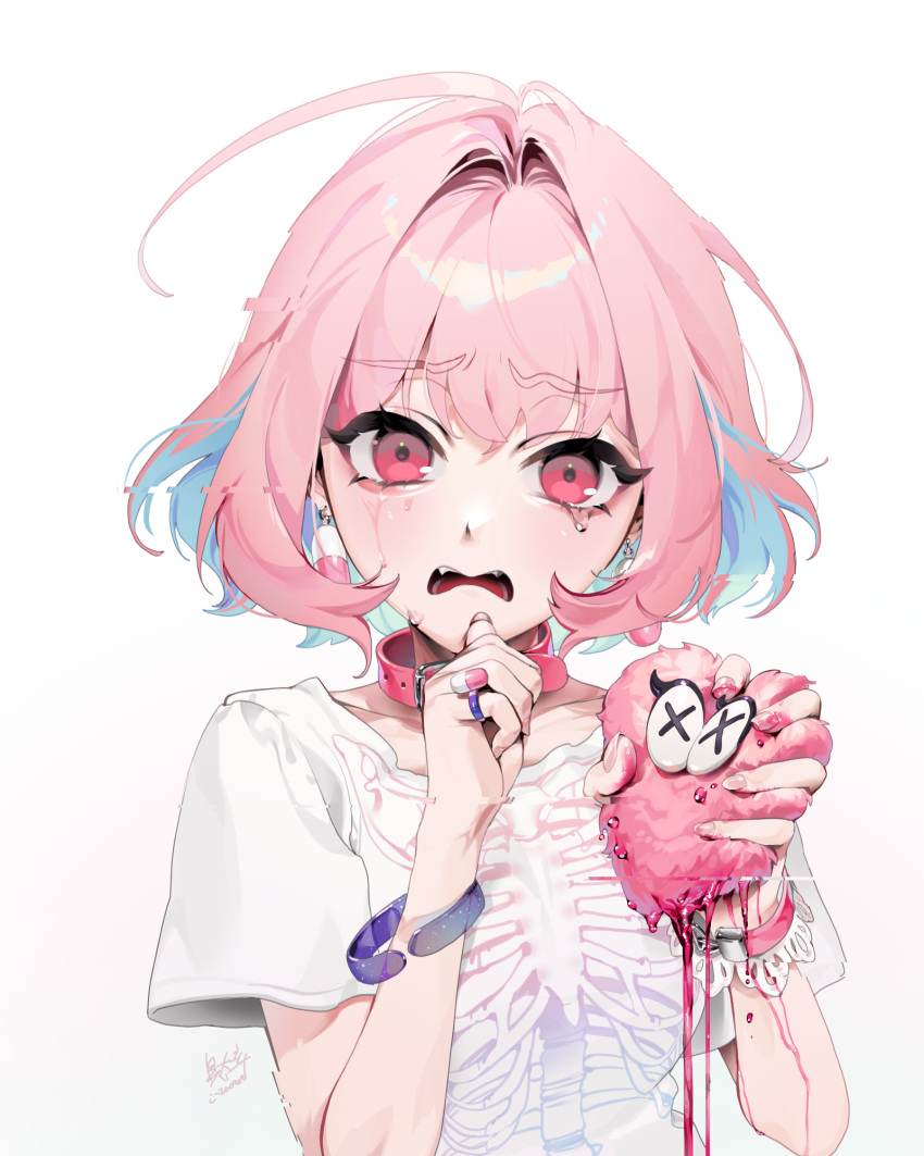 1girl, ahoge, aqua_hair, baekryang, bangle, belt, belt_collar, blood