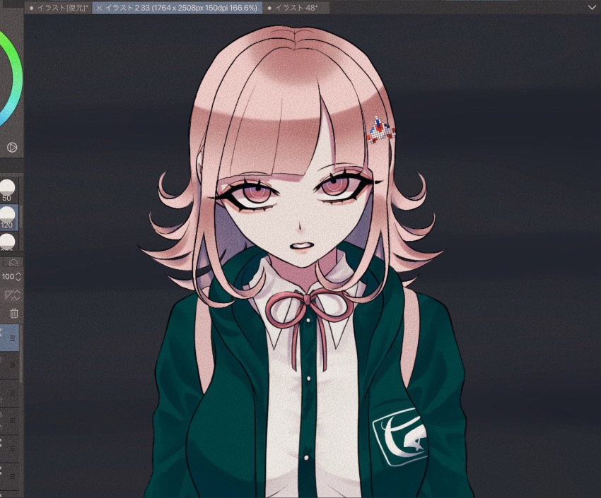 1girl, backpack, bag, black_shirt, breasts, brown_hair, collared_shirt, danganronpa_(series)