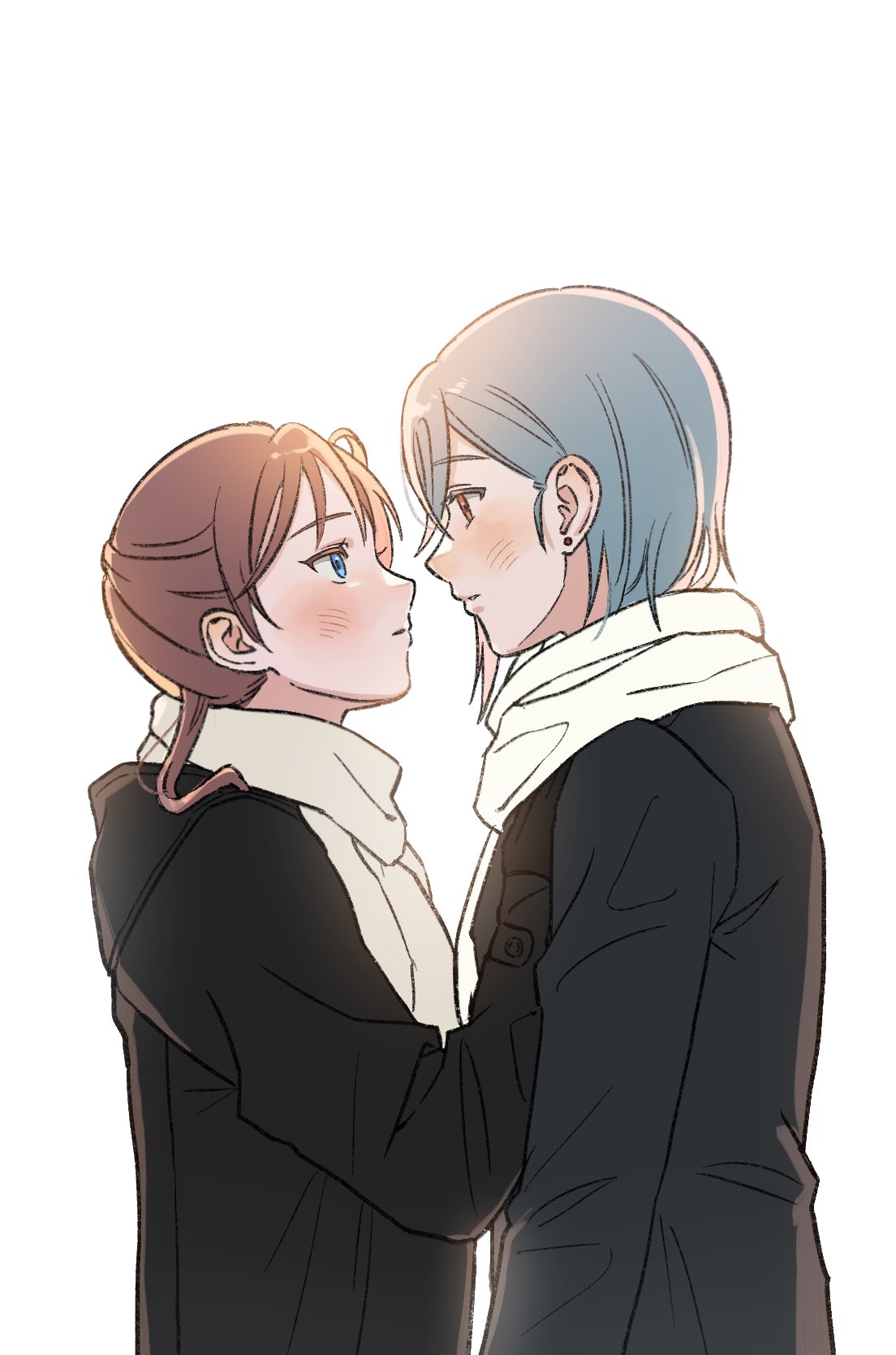 2girls, black_jacket, blue_eyes, blue_hair, from_side, highres, idgukgu, jacket