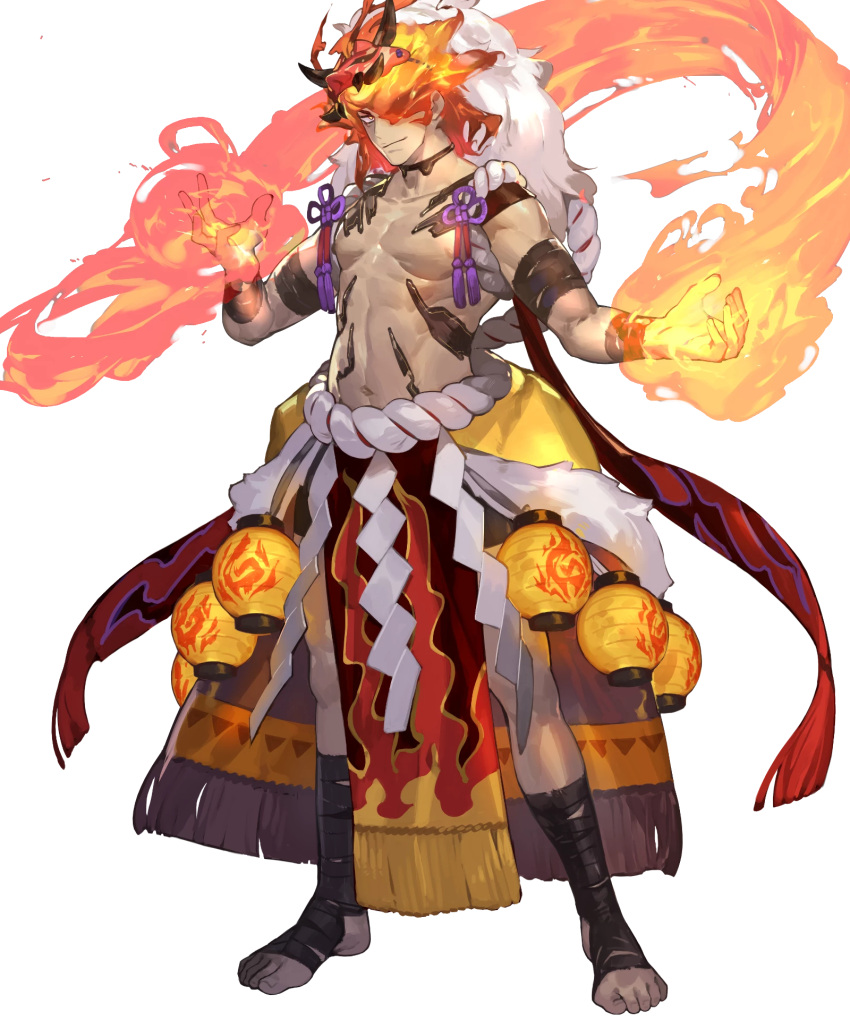 1boy, abs, body_markings, dark-skinned_male, dark_skin, dragon_mask, fake_hair, fire_emblem