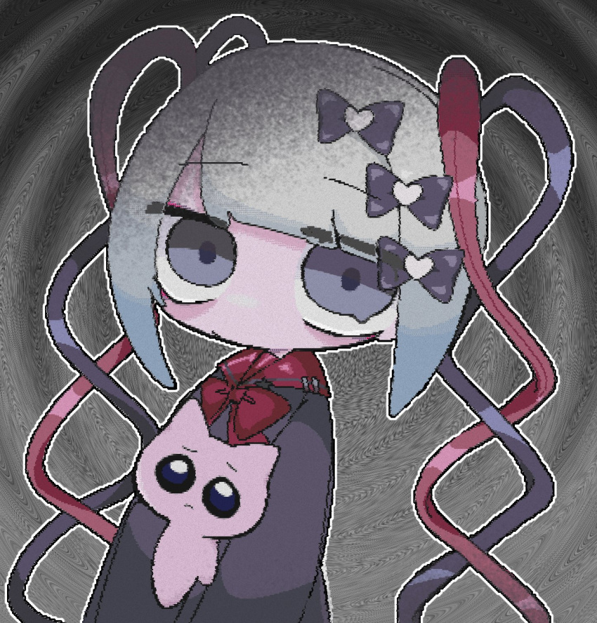 1girl, black_eyes, black_hair, black_shirt, blunt_bangs, bow, cat, chouzetsusaikawa_tenshi-chan