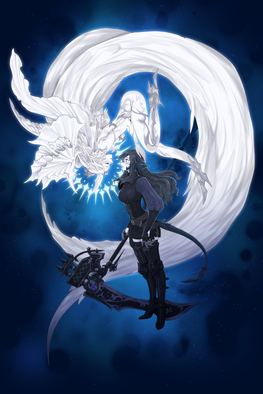 2girls, :o, absurdres, armor, au_ra, belt, black_hair, black_shorts