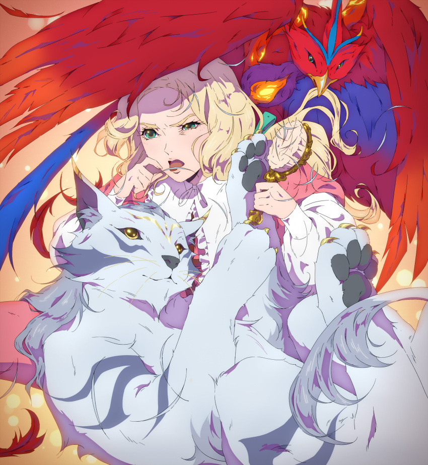 1girl, absurdres, bird, blonde_hair, castlevania:_nocturne, castlevania_(series), cat, dress