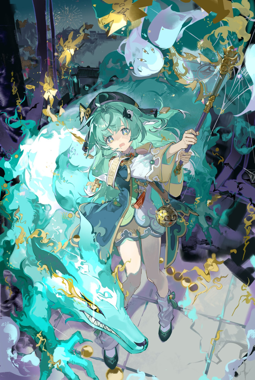 1girl, ahoge, dress, full_body, ghost, green_eyes, green_hair, hair_ornament